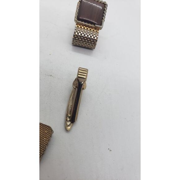 Vintage Cufflinks 1950 Mesh Wrap Gold Plated Lucite Faux Wood Tie Bar Cuff Links - Picture 10 of 13